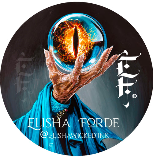 The Seeing Stone – circular branded artwork showing a fiery eye in a crystal ball, by Elisha Forde @elishawickedink