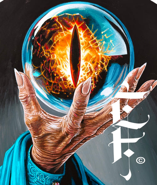 The Seeing Stone – a glowing eye within a crystal orb held aloft by an ancient hand, fantasy art print by Elisha Forde